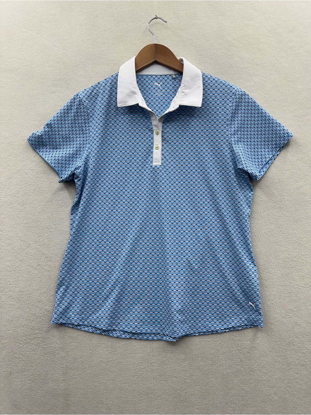 PUMA Women's Medium MATTR Morse Golf Polo Blue White Geometric Pattern